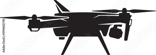 Drone, black silhouette, aerial vehicle, quadcopter icon, vector graphic