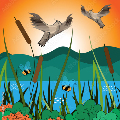 Coastal landscape. Marsh plants, reeds, birds and insects against the background of the river, the far bank and the rising sun. Vector illustration