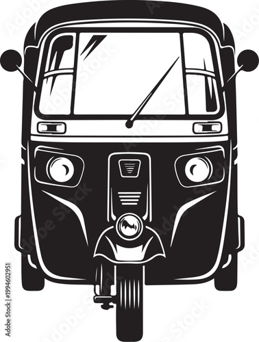 Black and white vector illustration of a tuk tuk, auto rickshaw, transportation icon, vehicle silhouette