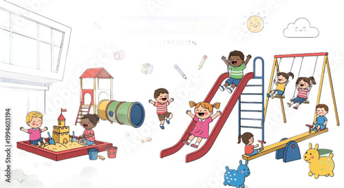 Playground, kids playing, colorful illustration, children's park, outdoor fun