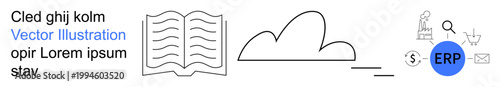 Cloud computing, ERP solutions, digital transformation, e-commerce, data management, and communication. Open book, cloud symbol ERP icon and digital business visuals. Cloud computing and ERP