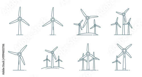 Minimalist Wind Turbine Illustrations Depicting Renewable Energy and Sustainable Power Generation