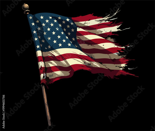 Vector design with drawing
of torn national flag of usa is fluttering in wind. 
Fashion t-shirt print. American pattern 
of stars and stripes for textiles, fabric, clothing.
