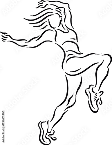 Zumba Dance Fitness Woman in Dynamic Jumping Pose Line Art Illustration
