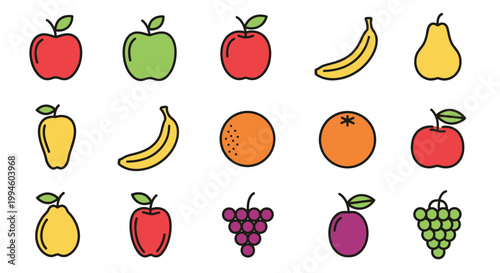 Illustrated Fruits Variety: Apples, Bananas, Pears, Oranges, Grapes, and Plums, Isolated