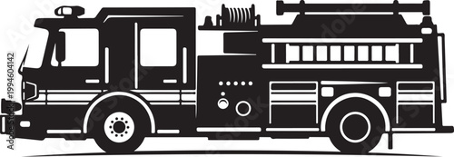 Fire truck, emergency vehicle, black and white illustration, side view, vector graphics