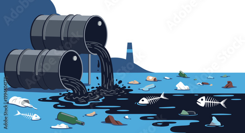 Environmental pollution scene with industrial barrels leaking dark oil into the sea filled with skeletons.