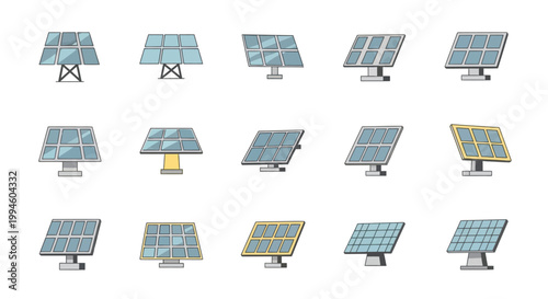 Illustration of varied solar panel designs showcasing renewable energy and sustainable power sources