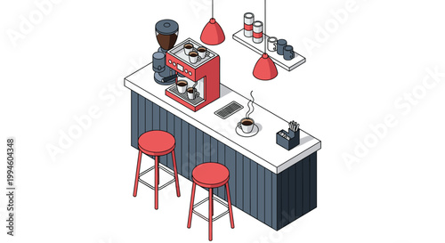 Isometric interior view of a modern coffee bar counter with stools, coffee machine, and several cups.