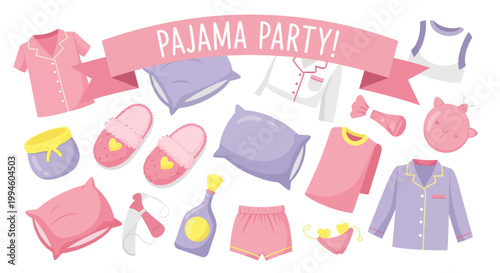 Pajama Party Flat Lay Illustration with Sleepwear, Pillows, Slippers, and Drinks