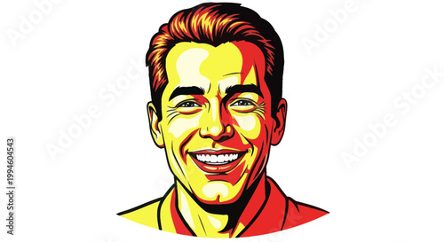 Smiling Man Portrait, Retro Comic Book Style Illustration, Vibrant Yellow and Red Tones