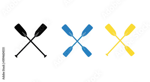 Three Crossed Paddles in Black, Blue, and Yellow on White Background