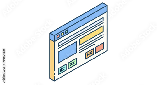 Isometric illustration of a digital webpage interface design concept with a pastel color scheme
