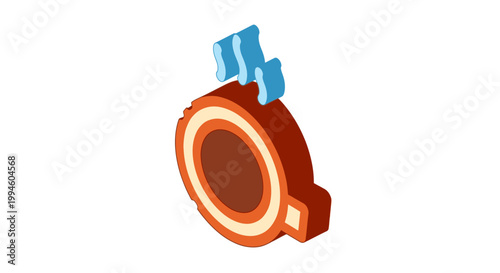 Isometric illustration of a coffee cup with steam rising, graphic design element