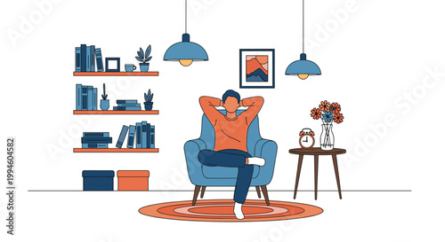 Young man relaxes in a comfortable blue armchair in a modern living room setting with bookshelves and indoor plants.