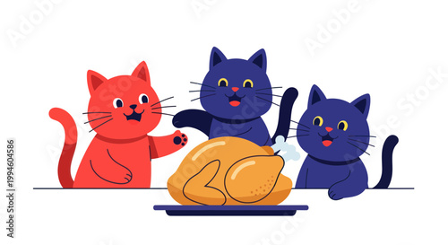 Three Cute Cartoon Cats Excited for Roasted Turkey Dinner