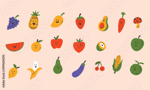 Happy fruit and vegetable characters collection with cute smiling faces.