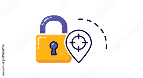 Data privacy and targeting concept showing a yellow padlock icon paired with a location pin and target sight symbol.