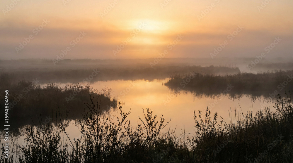 Obraz premium Serene Wetland Landscape Morning Mist Bird Sanctuary Scene. Wide shot of misty marshland at dawn with soft natural light reflecting on calm water and silhouetted reeds in foreground