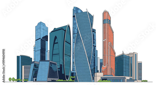 Modern urban skyline featuring a dense collection of glass skyscrapers with unique architectural designs and blue tones.