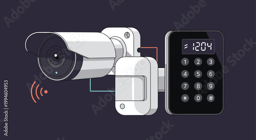 Smart home security system components including a surveillance camera, motion sensor, and a digital keypad for access control.