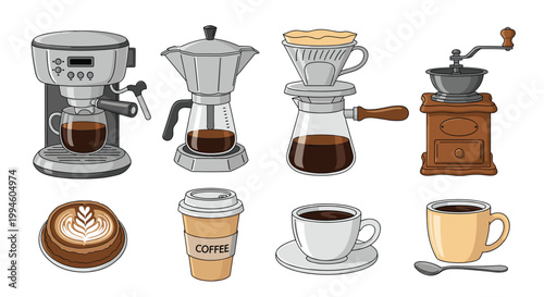 Set of various coffee brewing equipment including an espresso machine, moka pot, manual grinder, and diverse coffee cups.
