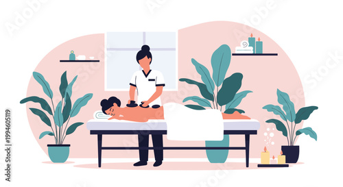 Relaxing spa scene showing a woman lying on a table receiving a professional hot stone massage treatment from a therapist.