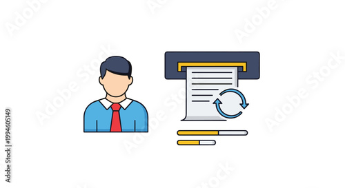 Financial services concept featuring a professional man next to an automated teller machine processing a paper document.