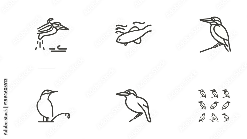 Fototapeta premium Feathered Icons: A collection of meticulously crafted line art icons, each portraying a unique avian subject. These refined illustrations capture the essence of different birds in simple.