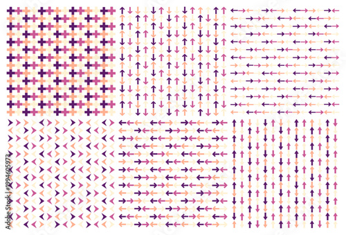 Abstract geometric pattern with directional arrows and star shapes in purple and peach tones.