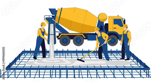 Construction Workers Pouring Concrete with Mixer Truck