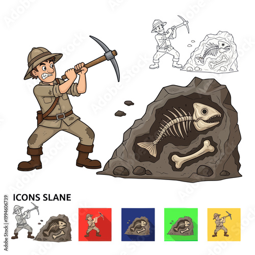 Archaeologist Excavating Fish Fossil Skeleton Discovery in Rock