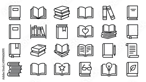 Set of simple hand-drawn icons related to books and reading with closed book stack of books non fiction education knowledge learning literature textbook open book bookmark bookshelf