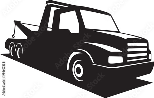 Black silhouette tow truck, vehicle icon, flat design, monochrome illustration, transportation symbol