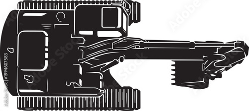 Black and white heavy duty excavator, construction equipment, industrial machine, vector illustration