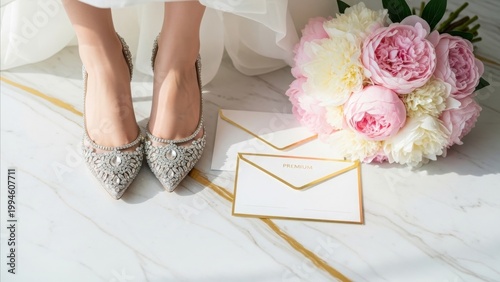 Wedding - Crystal Embellished Bridal Heels on Marble Floor with Pink Peony Bouquet and Premium Gold Envelopes