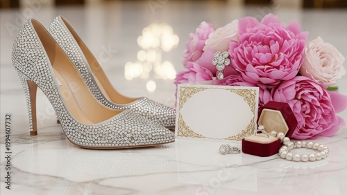 Wedding - Crystal Embellished Bridal Heels With Pink Peonies Diamond Ring Pearl Necklace and Invitation Card
