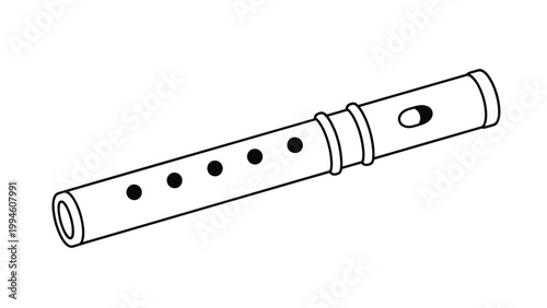 Simple line drawing of a traditional wooden flute or recorder musical instrument with finger holes on a white background.