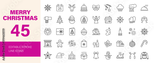 Christmas icon set. Editable line icons. Vector illustration.