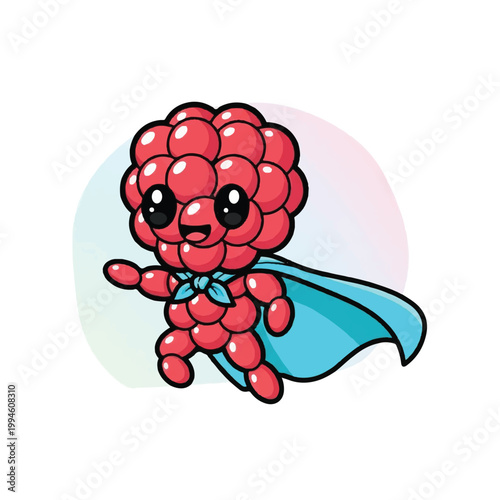 Cute Raspberry Superhero Character with Blue Cape.