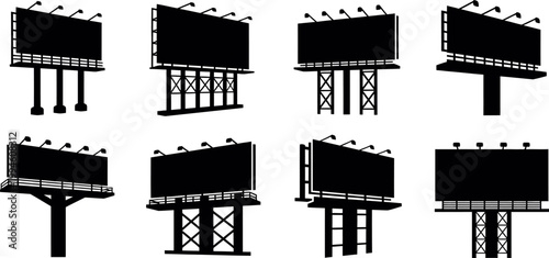 Minimalist flat design vector set featuring various empty billboards, advertising stands, and signage structures ideal for urban, marketing, and business projects.