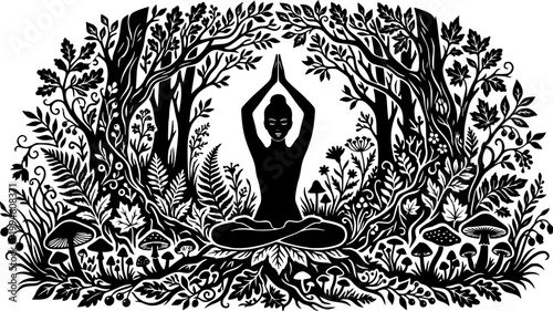 Black Vector Silhouette Woman Yoga Nature Organic Botanical Forest Wellness Meditation Flat Design