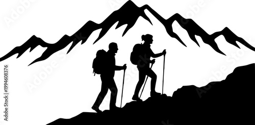 Black Vector Silhouette Senior Couple Hiking Mountain Active Aging Retirement Wellness Adventure Flat