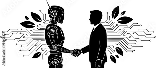 Black Vector Silhouette Human Robot Handshake AI Technology Nature Fusion Future Collaboration Flat