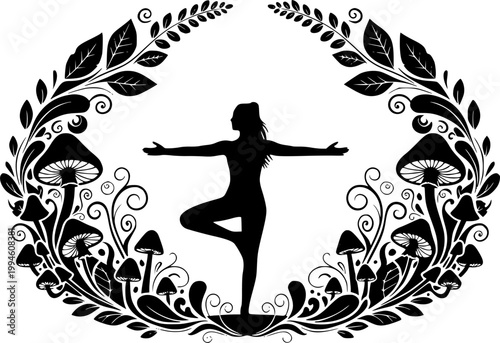 Black Vector Silhouette Woman Yoga Nature Organic Botanical Forest Wellness Meditation Flat Design
