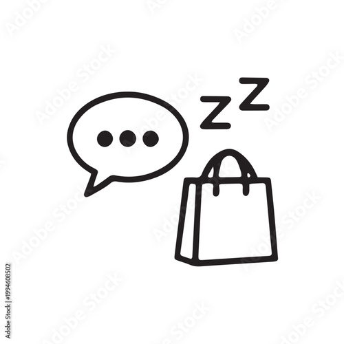 Shopping bag, speech bubble, and sleeping zzz symbols, minimalist line style icons