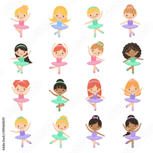 Bild auf Leinwand Diverse Group of Cartoon Ballerinas in Tutus, Dancing