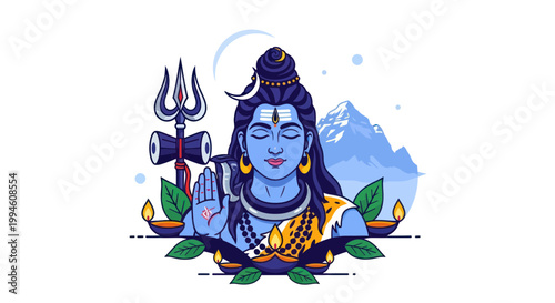 Lord Shiva illustration with trident, diyas, and mountains - Hindu deity.