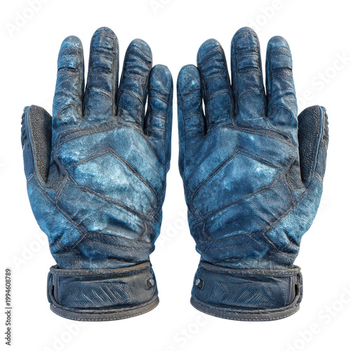 Pair of textured blue winter gloves with black accents on black background image