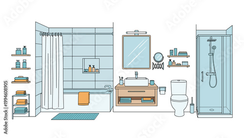 Clean and modern bathroom interior design featuring a bathtub vanity unit toilet and a separate glass shower cabin with organized shelves.